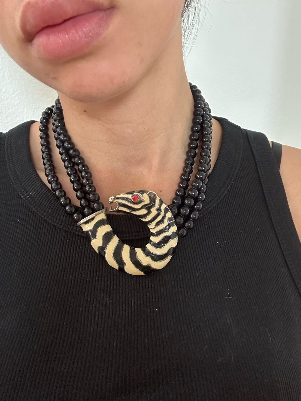 Vintage Zebra Large Pendant Black Beaded Necklace Silver Tone Hardware Statement